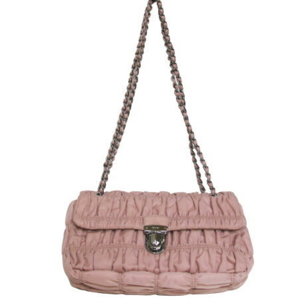 Prada Chain Shoulder Bag Nylon Pink Gathers Crossbody